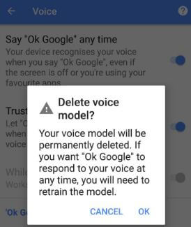 Izbrišite glasovni model Ok Google na uređaju Oreo